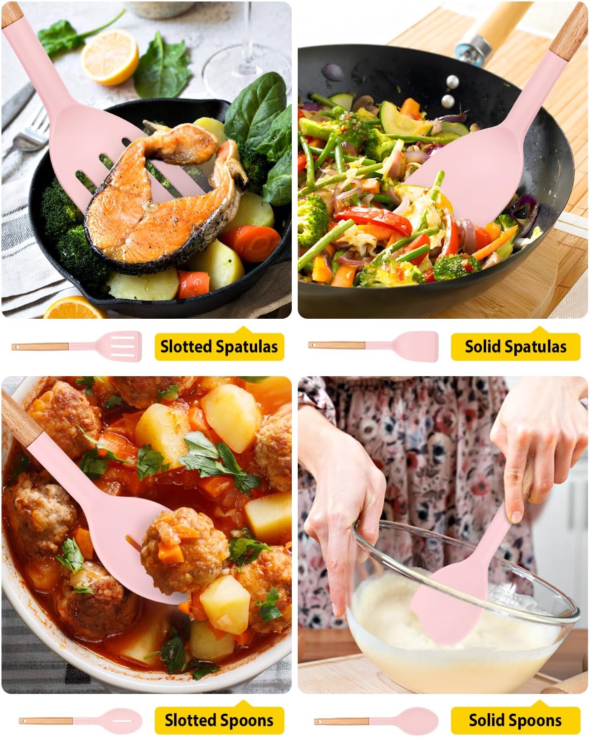Pack of 4 Silicone Cooking Utensils Set, Non Stick Solid Spatulas and Heat Resistant Slotted Spoons with Wooden Handle, Ideal Wood Kitchen Utensils Set for Frying,Serving,Turning,Stirring (PINK)