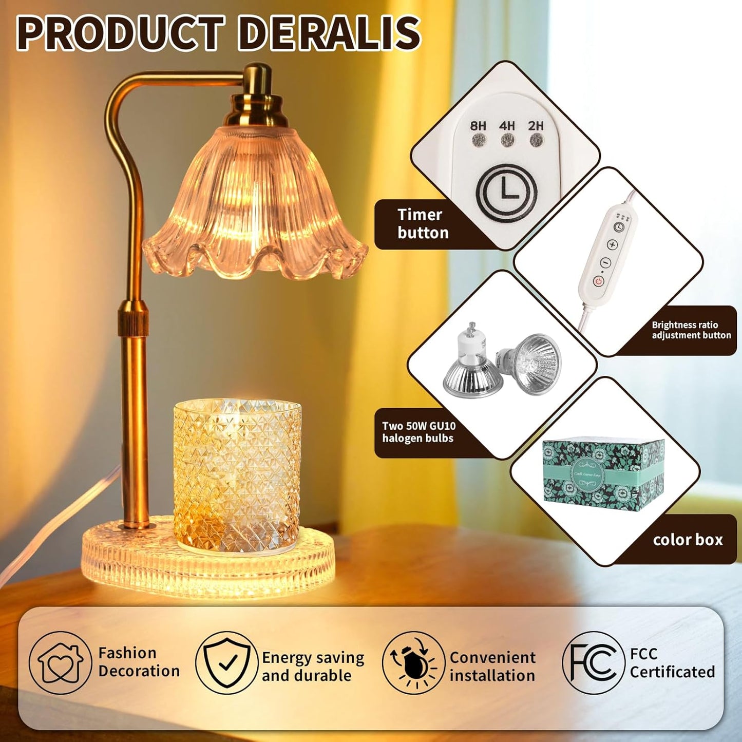 Candle Warmer Lamp with Timer: Adjustable Height and 4 Dimmer, Crystal Glass Base, Heater Wax Warmer for Jar Scented, Home Décor and Housewarming & Birthday Gift for Mom Woman, 2 Bulbs (White Flower)