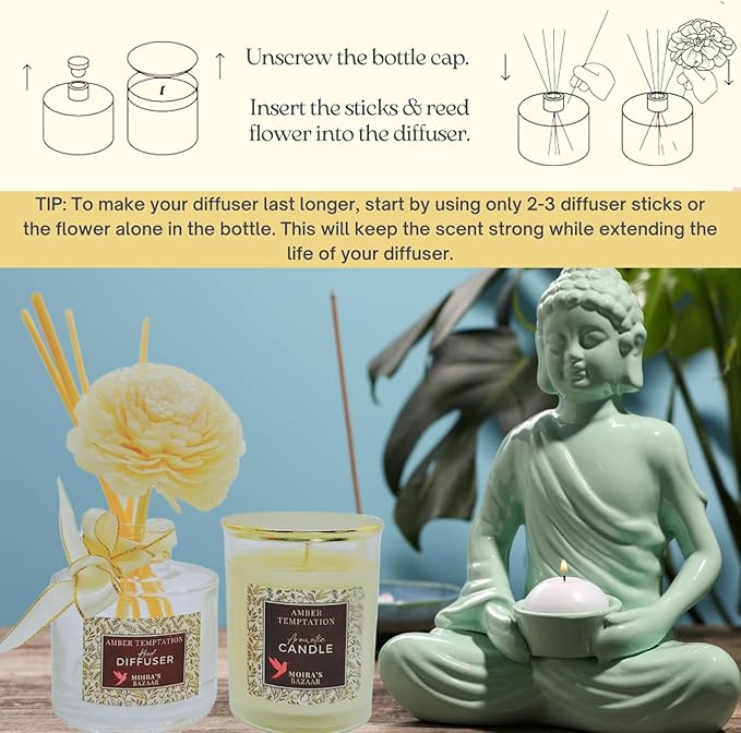 Moira's Bazaar Elysian Essence Aromatherapy Gift Set – Luxury Candle and Flower Reed Diffuser – Perfect Scented Gift for Thanksgiving for Women, Home & Bath Decor (Champagne)