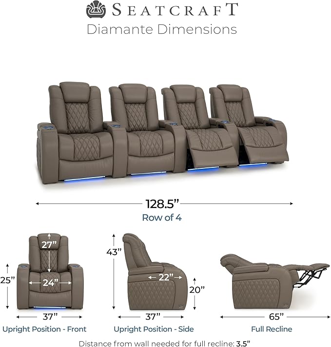 Seatcraft Diamante Zero-Gravity CoolZero Italian Leather Home Theater Seating, Power Headrest, Power Recline, Row of 4, Gray