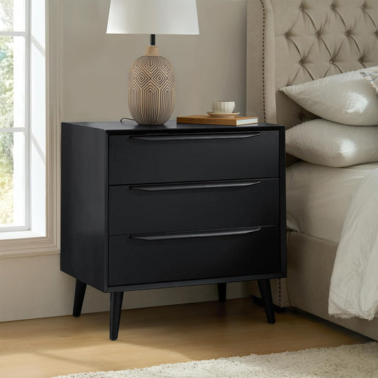 HULALA HOME Mid-Century Modern Nightstand, 3-Drawers Nightstand with Charging Station(Black)