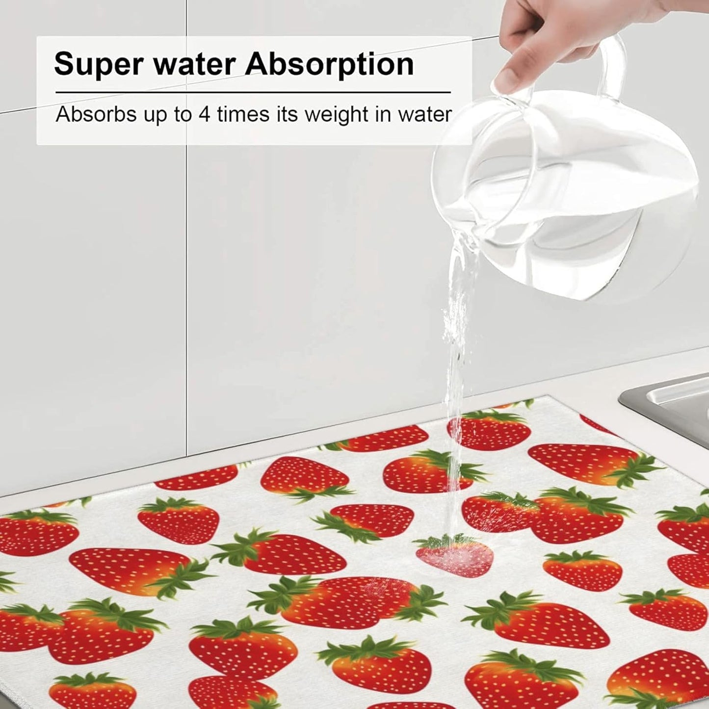 Cute Strawberry Dish Drying Mat For Kitchen Counter, Super Absorbent Microfiber Dish Drying Pad, Kitchen Gadgets For Easy Clean Multi-Use Large 18"x24"
