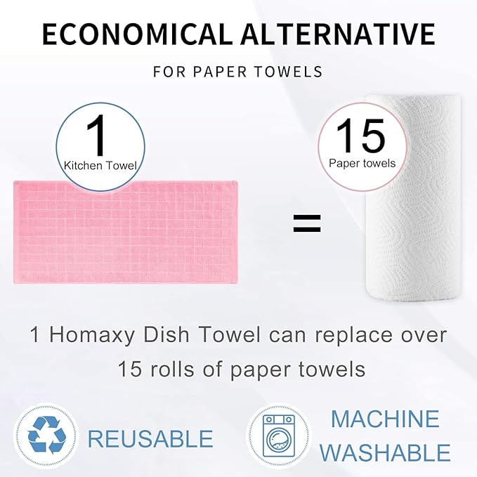 Homaxy 100% Cotton Terry Kitchen Towels(Pink, 13 x 28 inches), Checkered Designed, Soft and Super Absorbent Dish Towels, 6 Pack