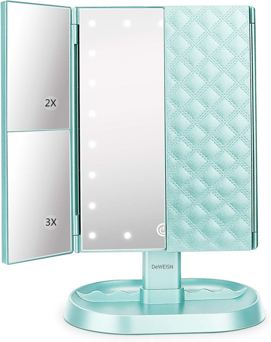 deweisn Trifold Lighted Vanity Makeup Mirror with 21 LED Lights,1x/2x/3x Magnification Touch Screen Dimming,Two Power Supplies Makeup Mirror, Gift for Women