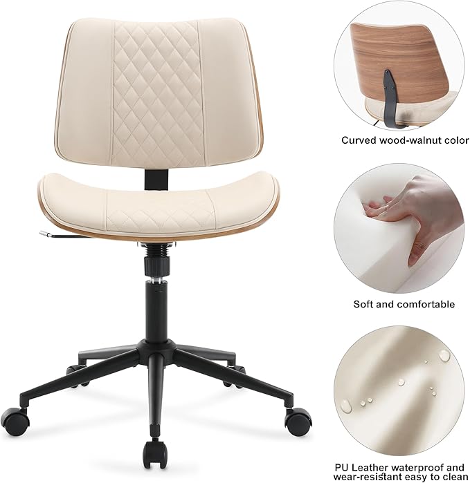 BV Home Office Chair No Arms with Wheels, Armless Small Desk Chair,Task Computer Office Desk Chair for Casual Office Small Space,Study Room,Reading Room(Beige)