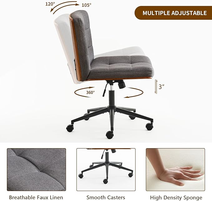 Furnimart Wide Swivel Criss Cross Legged Chair with Wheels, FSC Certified Wooden Desk Chair with Mid-Back Support, Comfy Armless Height Adjustable Vanity Chair for Desk, Bedroom (Linen Gray)