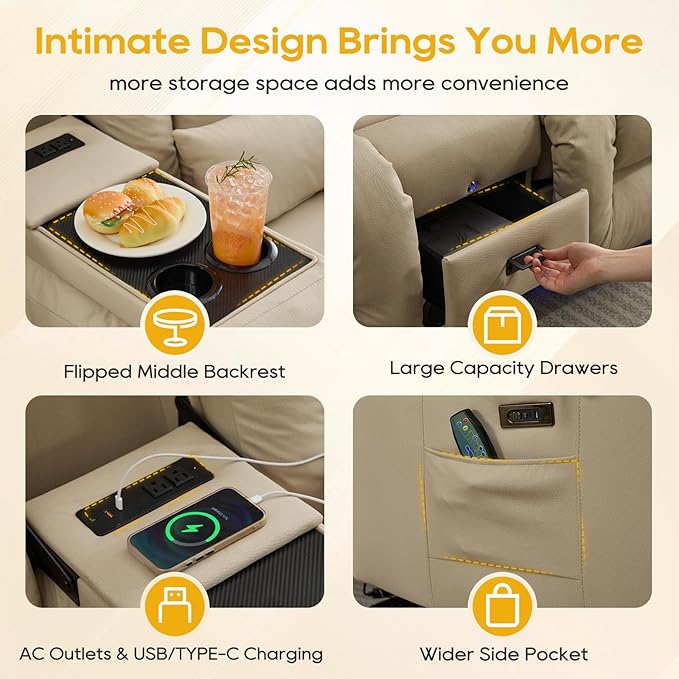 IPKIG 67" Power Reclining Loveseat Sofa, Electric Home Theater Seating with Console/4 Colors Ambient Lighting/Bluetooth Speakers/USB Ports/Built-in Outlets (Beige, Loveseat Recliner)