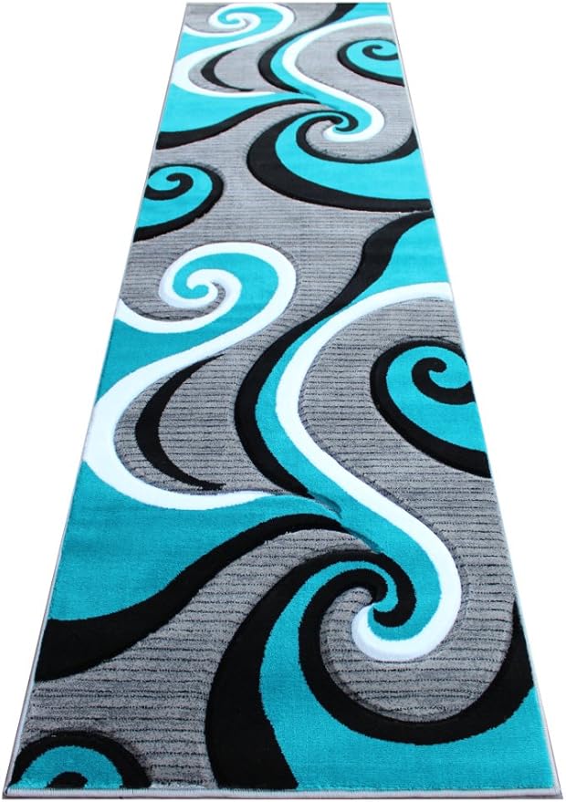 Masada Rugs, Sophia Collection Hand Carved Area Rug Modern Contemporary Turquoise White Grey Black (2 Feet 8 Inch X 10 Feet) Runner