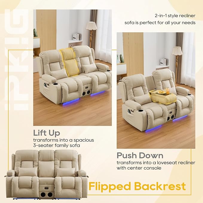 IPKIG 67" Power Reclining Loveseat Sofa, Electric Home Theater Seating with Console/4 Colors Ambient Lighting/Bluetooth Speakers/USB Ports/Built-in Outlets (Beige, Loveseat Recliner)