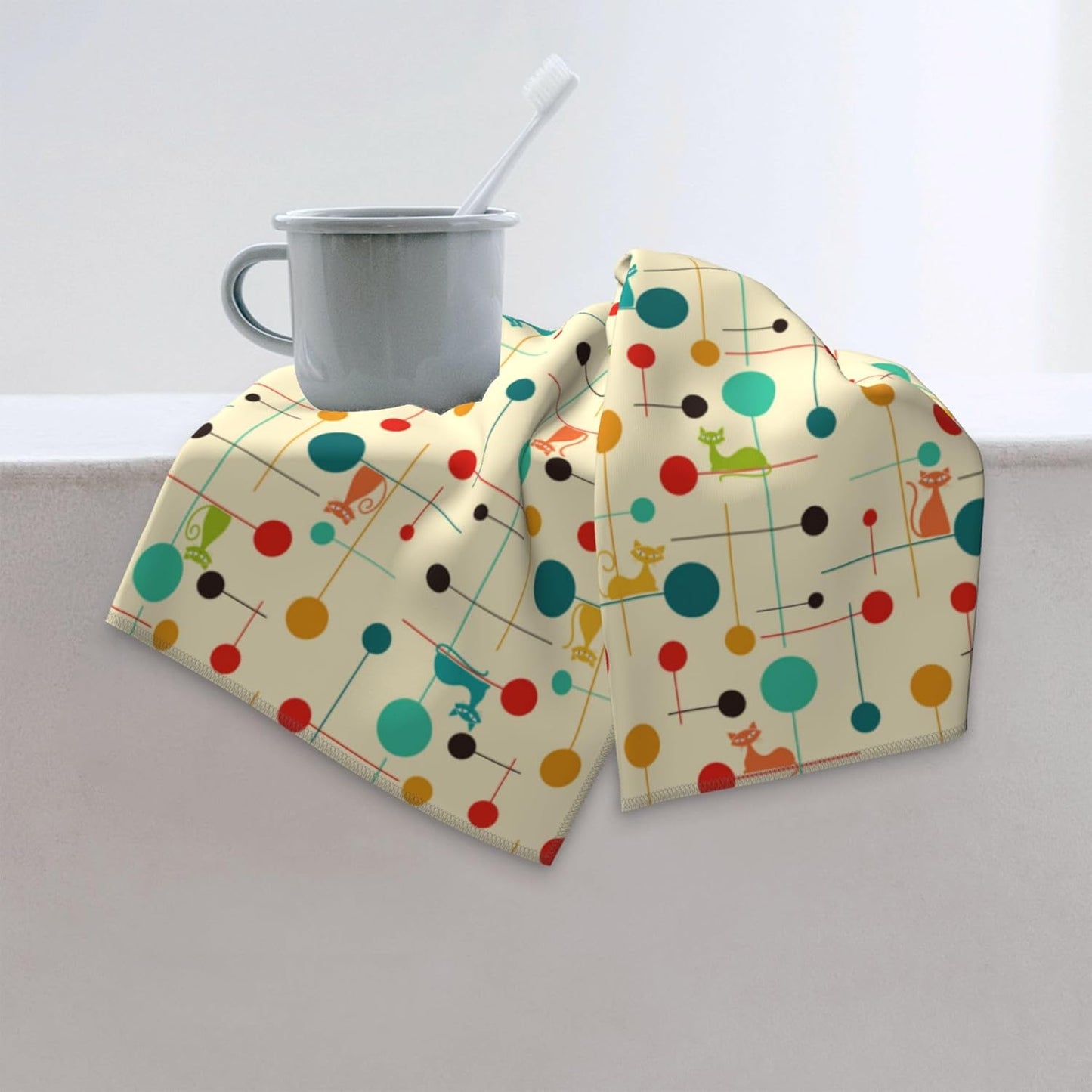 Mid Century Modern Cats Bath Hand Towels Set of 2 Soft Absorbent Retro Decorative Towel for Bathroom Home Kitchen Sports Gym Yoga 14"x28" Yellow Bathroom Decor