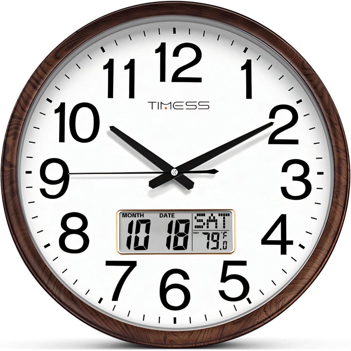 Wall Clock, Classic Wood Style Finish, 13 Inch Non-Ticking Silent Battery Operated Quartz Analog with Perpetual Calendar and F° Temperature Display, Home, Office Décor (Chestnut Brown)