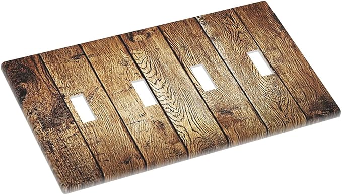 Rustic Brown Wood Natural Wooden Light Switch Covers Quad Toggle 4 Gang Wall Plate Decorative Switch Plates Electrical Faceplate for Bedroom Home Decor