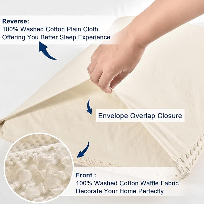 PHF Waffle Weave Pillow Shams Queen Size, 2 Pack 100% Cotton Pillowcases 20" x 30", No Insert, Soft & Breathable Aesthetic Woven Pillow Case Covers for Bedroom Decor, Undyed