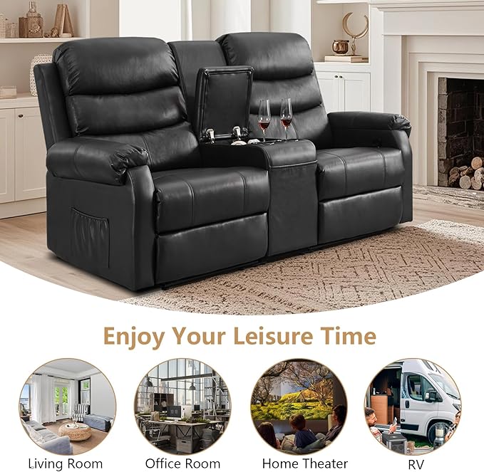 Loveseat Reclining Sofa, Home Theater Seating with Center Console, RV Recliner Sofa with Cup Holders and Pockets, Manual Double Seater Recliner for Living Room, Motor Home, Cinema(Black)