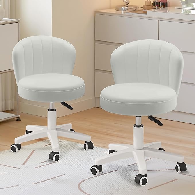 Small Desk Chair Round Rolling Chair with Back PU Leather Height Adjustable Swivel Vanity Work Computer Stool Chair for Home Office Bedroom, Set of 2