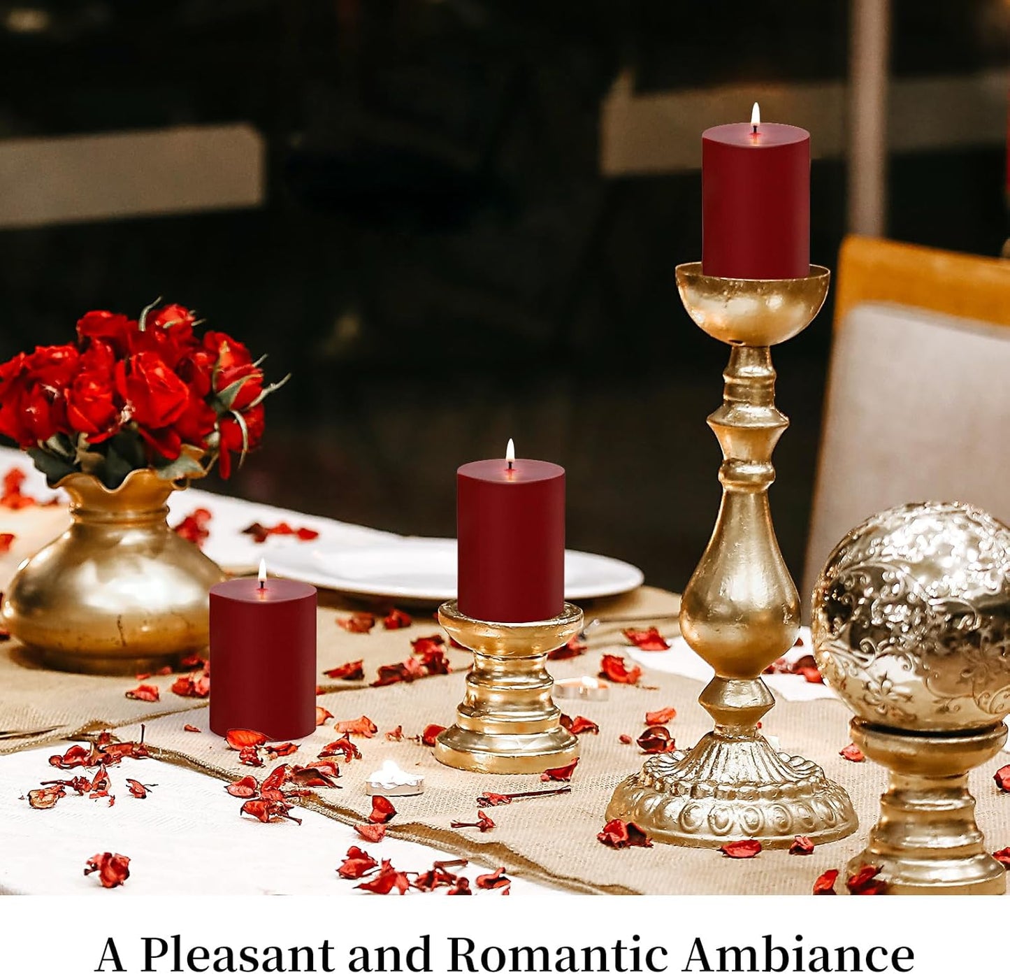 KONNI Dark Red Pillar Candles Set of 3, 3"x 4" Unscented Pillar Candles Bulk, 39 Hours Long Burning Candles, Smokeless&Dripless Large Round Candle for Wedding, Home Decoration, Parties, Spas, Dinner