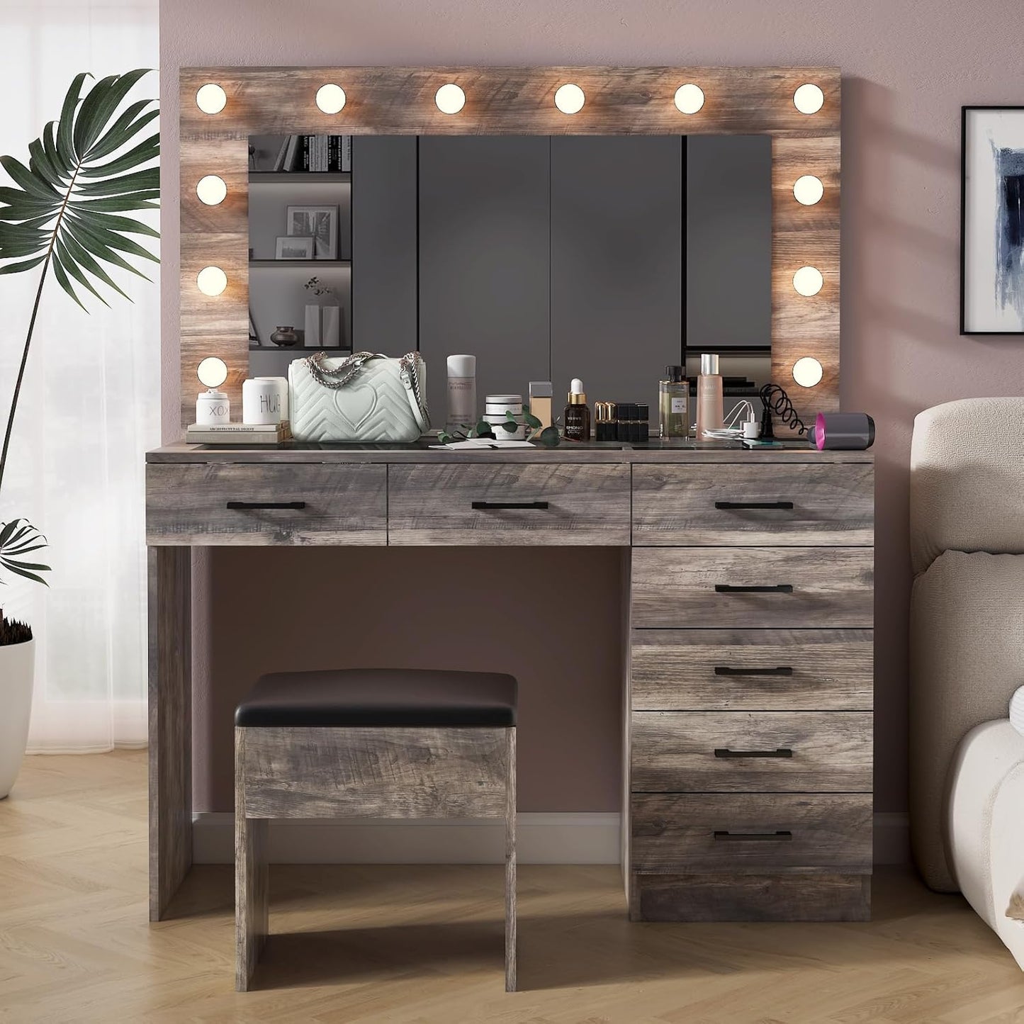 Karl home Vanity Desk with Large Lighted Mirror & Powre Outlet, Glass Tabletop Makeup Vanity Set with 7 Drawers, 45.3" Vanity Table with 3 Color Lighting Modes, Dressing Table for Women Girls, Gray