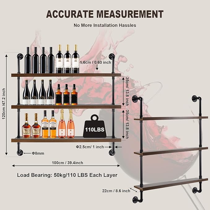 39.5-inch Modern Wall-Mounted Wine Rack with LED Lights, 3-Tier Liquor Bottle Display Bar Shelves, Industrial Wine Rack Floating Shelf, Multifunctional Wine Storage Rack for Home, Kitchen or Bar Decor