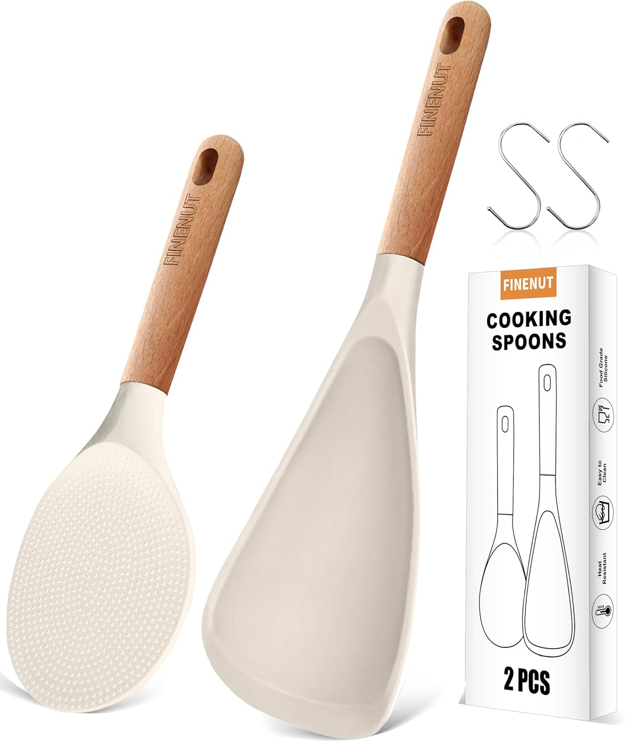 Multifunction Silicone Spatula Spoon 2-Pack Dual-Use-Heat-Resistant 446°F BPA-Free Non-Toxic Cooking for Non-Stick Cookware,Rice Cookers,Wooden Handle Scoop/Serve Meal/Rice Spoon Set (Khaki)