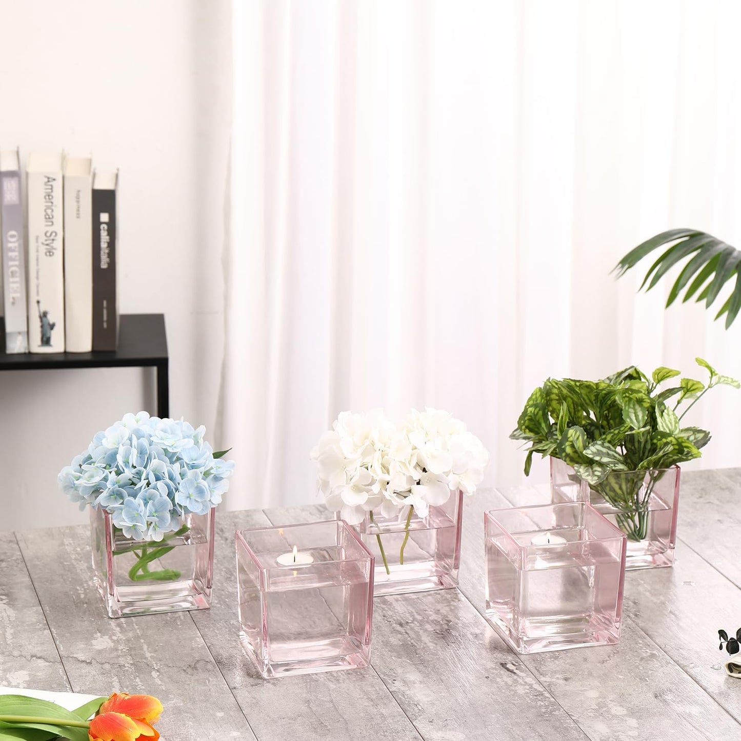 Square Pink Glass Vases Set of 2, 6" x 6" x 6" Square Vase for Centerpieces, Flower Vases for Centerpieces, Small Vase for Wedding, Party, Home Office Decoration
