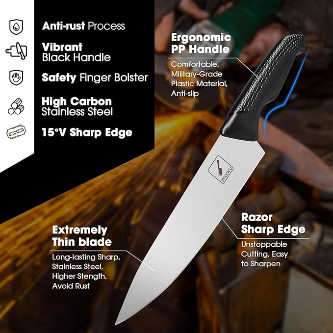 imarku Knife Set with Block, Sharp Knives Set with Built-in Sharpener, Stainless Steel Kitchen Knife Sets with Non-Slip Ergonomic Handle, Dishwasher Safe, 14 PCS Professional Knife Set for Gift, Black