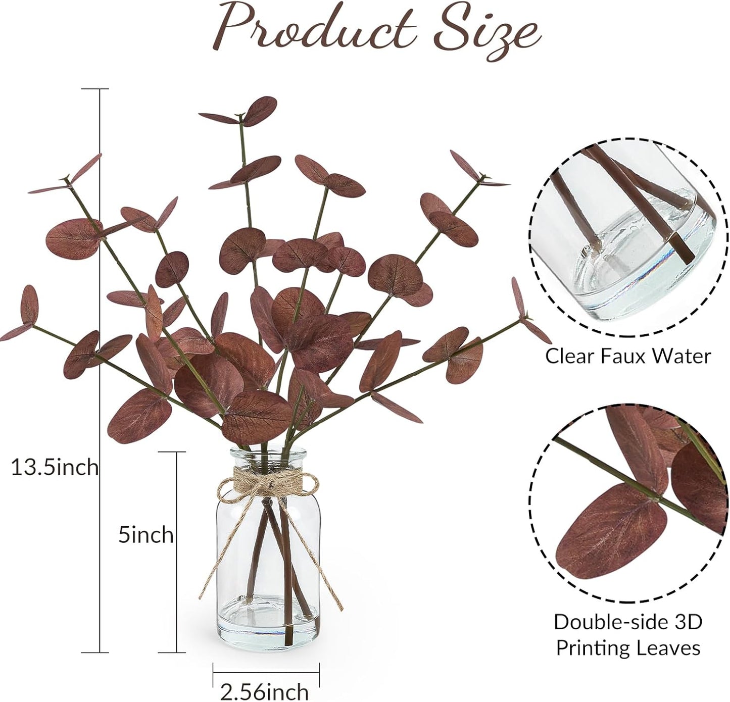 Artificial Eucalyptus Stems in Glass Vase with Faux Water, 14" Fake Plants for Home Decor, Coffee Table Centerpieces, Office, Bathroom & Farmhouse Weddings - Faux Plants Decorations