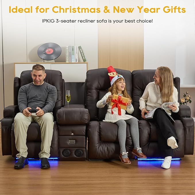 IPKIG 89" Power Reclining Loveseat Sofa, Electric Home Theater Seating with Console/4 Colors Ambient Lighting/Bluetooth Speakers/USB Ports/Built-in Outlets (Brown, 3-Seater with Console)