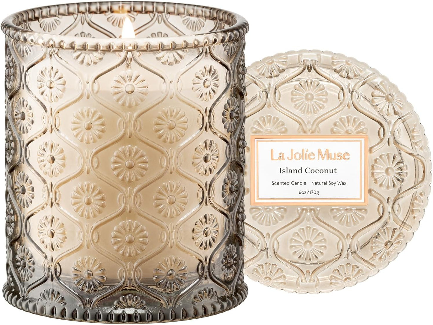 LA JOLIE MUSE Island Coconut Scented Candle – Coconut, Peach & Vanilla | 6oz Luxury Soy Candle | 40 Hours Clean Burn| Gift-Ready for Hosts & Gatherings | Elegant Home Décor
