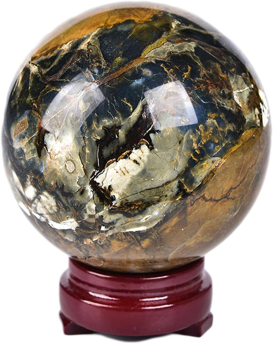 JIC Gem Pietersite Crystal Sphere with Wooden Stand,Decorative Crystal Ball Blues and Golden Browns Gemstone Sphere for Meditation,Feng Shui,Witch-Style Decor,Office Table Decorations 70-80mm