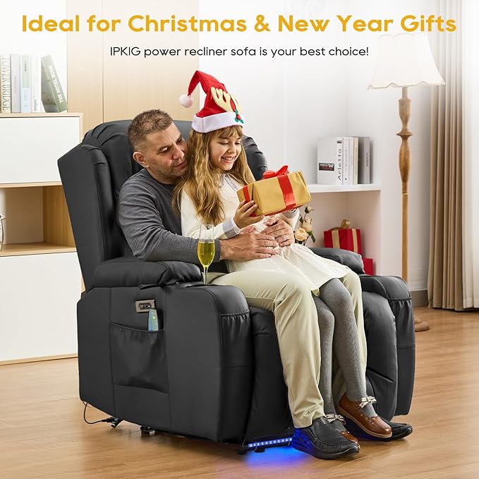 IPKIG Power Recliner Chair, Electric Home Theater Seating with 4 Colors Ambient Lighting/USB Ports/Cup Holders/Side Pockets for Living Room, Bedroom, Home, RVs (Black, Single Chair)