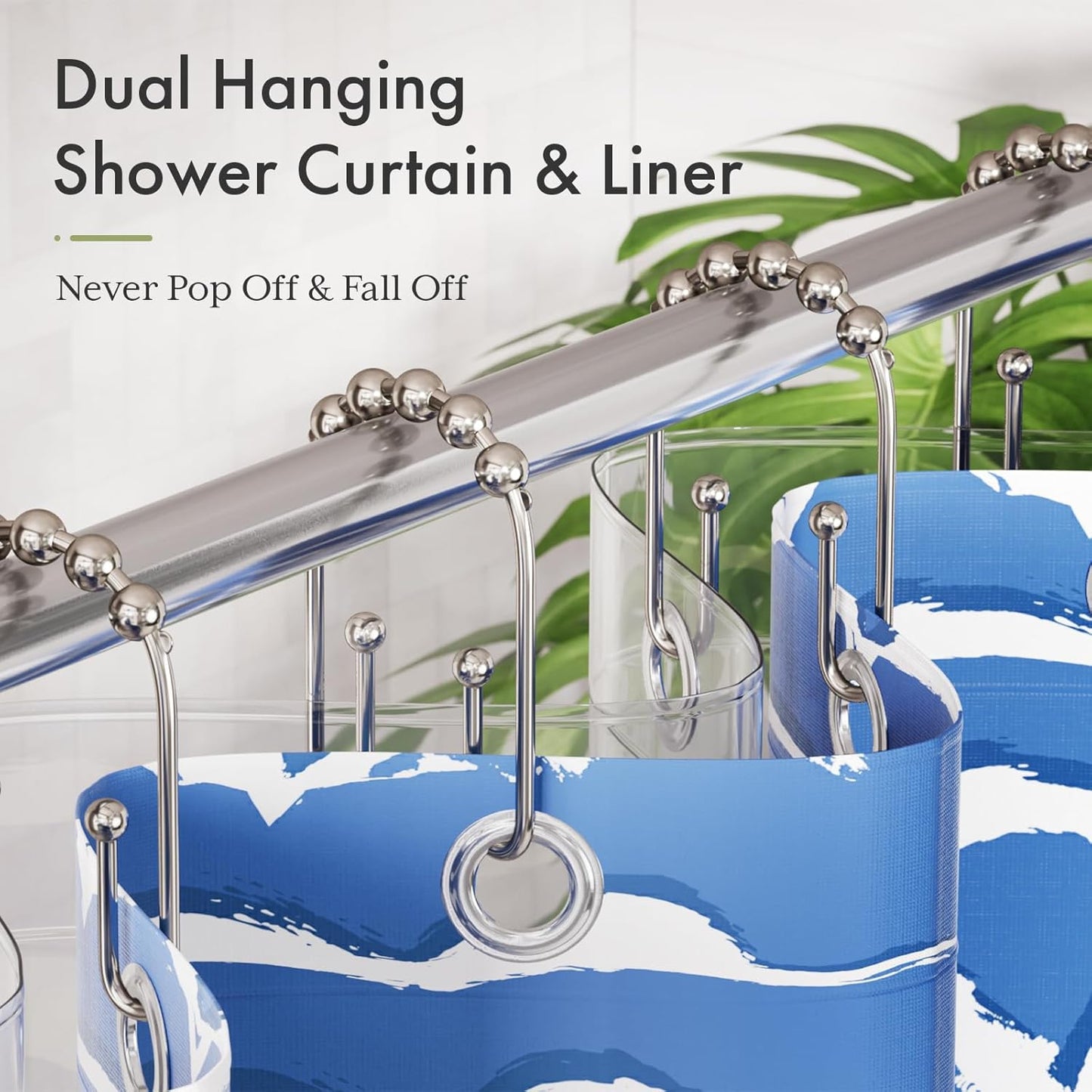 AmazerBath Shower Curtain Hooks, Metal Shower Curtain Rings Rust Proof, Double Sided Shower Curtain Hooks for Shower Curtain Liner Smooth Brushed Nickel Shower Hook Rings for Bathroom, Set of 12