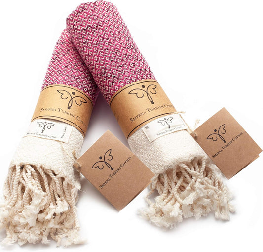 SMYRNA TURKISH COTTON Vintage Series Turkish Hand Towels, 16x40 inch, Decorative Turkish Hand Towels for Bathroom, Kitchen, Face, Hair, Tea, Yoga, Gym, Dishcloth Set of 2, Fuchsia
