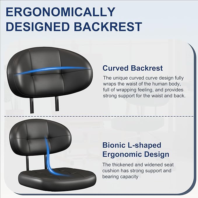 Misolant Vanity Chair with back, Small Armless Cute office Chair with wheels and Lumbar support, Comfy PU Leather Desk Computer Chairs with Adjustable Height, 360°Swivel for Home Bedroom Office, Black