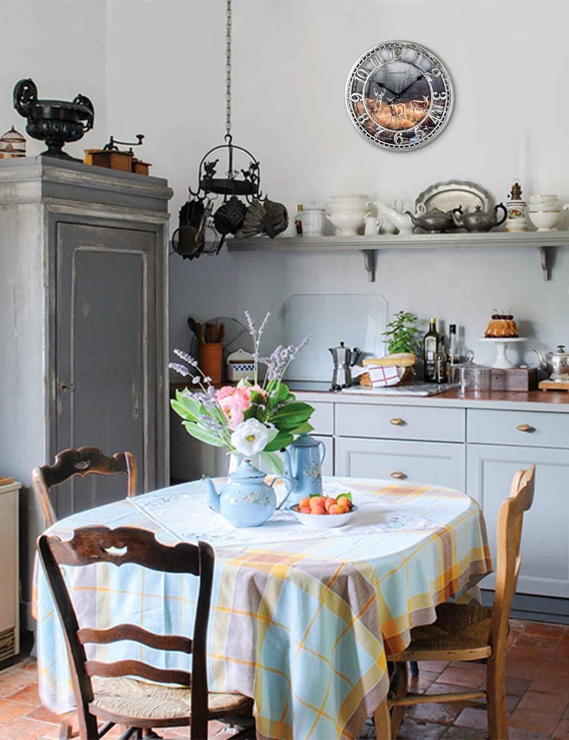 Great Looking Deer Clock Wildlife Wall Clock Silent Non Ticking Battery Operated 12 Inch Quality Plastic Round Wall Clocks for Home Kitchen Living Room Bedroom Office Decor (Antique Silver)