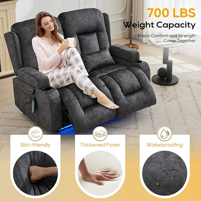 IPKIG 54" Power Loveseat Recliner Sofa, Electric Home Theater Seating with Massage Heat/4 Colors Ambient Lights/USB Port/Side Pocket/Cup Holder for Living Room, Bedroom, RV (Grey, 2 Seater)