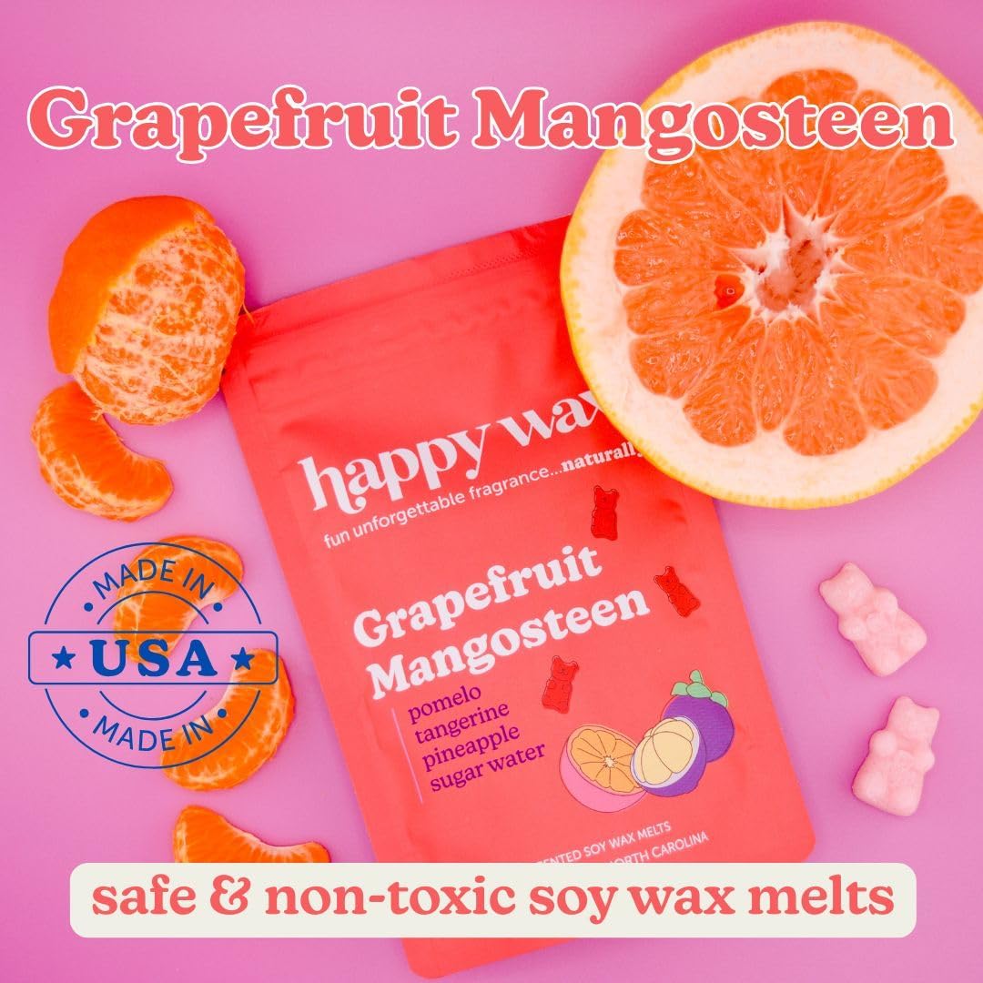 Happy Wax Citrus Mix Natural Soy Wax Melts - 6oz Total - Three 2oz Pouches Including Tropical Citrus, Orange Sorbet & Grapefruit Mangosteen