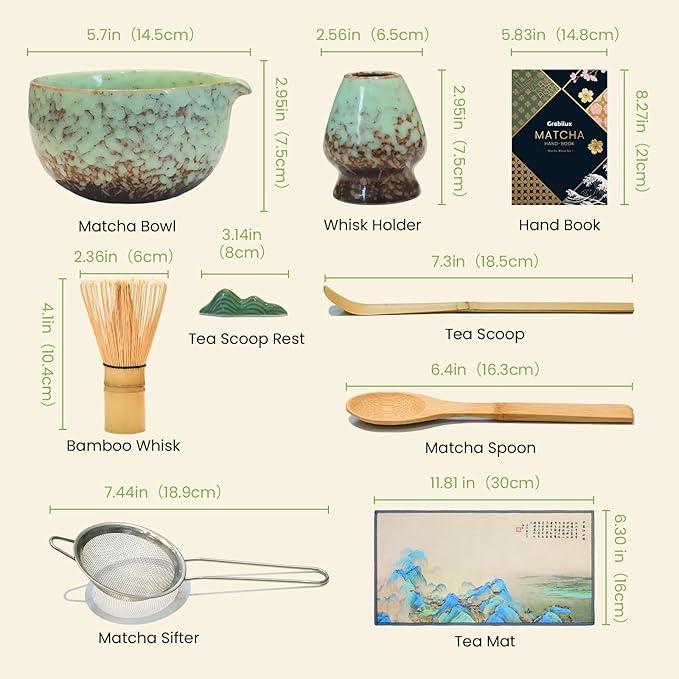 Matcha Whisk Set, Green Matcha Set (9 Pcs) Includes Matcha Bowl, Whisk & Holder, Scoop, Sifter, Spoon, Scoop Rest, Tea Mat, Hand Book - Ideal Ceramic Matcha Kit for Matcha Lovers