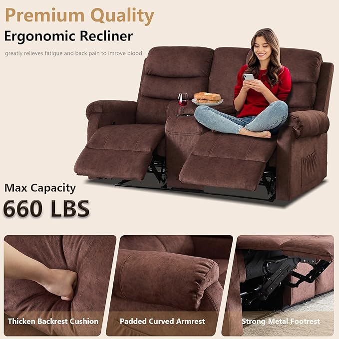 Loveseat Reclining Sofa, Home Theater Seating with Center Console, RV Recliner Sofa with Cup Holders and Pockets, Manual Double Seater Recliner for Living Room, Motor Home (Flannel Brown)