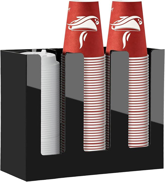 MYITYARD Coffee Cup Holder, Cup and Lid Organizer fits 5 to 16 oz Disposable Paper & Plastic Cups, Cup Dispenser Countertop, Acrylic Cup Storage for Home, Kitchen, Office (3 Compartment)