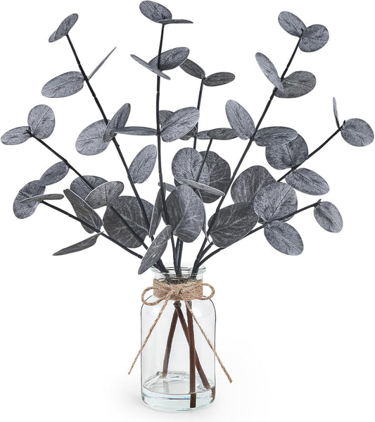 Artificial Eucalyptus Stems in Glass Vase with Faux Water, 14" Fake Plants for Home Decor, Coffee Table Centerpieces, Office, Bathroom & Farmhouse Weddings - Faux Plants Decorations