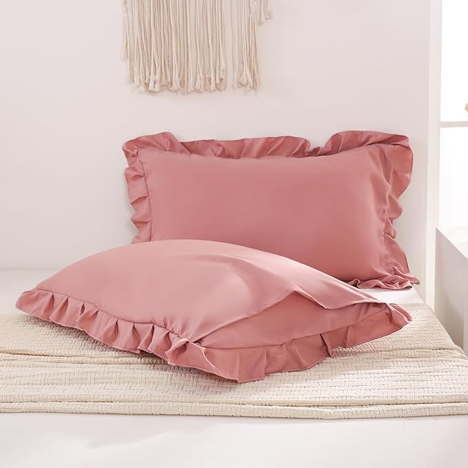Pink Mocha Pillowcases King Pillowcases Ruffled Pillow Shams Set of 2 Cute Pillowcases Solid Ruffled Fringe Design Pink Shabby Chic Pillowcases 2 Pack (King (20''x36''), Pink Mocha)