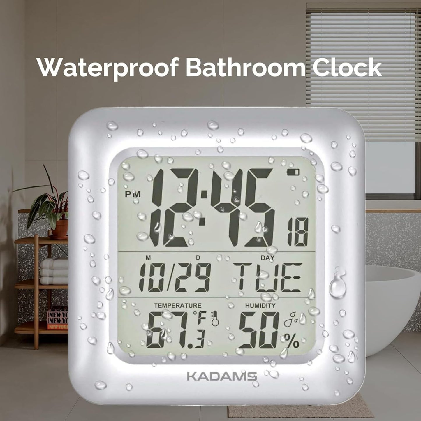 KADAMS Bathroom Clock 9.5" Kitchen Wall Clock with Large LCD Screen – Shower Clock with Suction Cup,Temperature, Humidity, Calendar – Water-Resistant, 4 Mounting Options, Silver