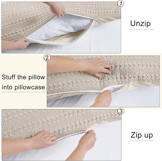 PHF 100% Cotton Waffle Body Pillowcase with Zipper, 1 Pack 20" x 54" Soft Skin-Friendly Pillow Sham, No Filling, Aesthetic Woven and Breathable Waffle Weave Body Pillow Cover for Bed, Oatmeal
