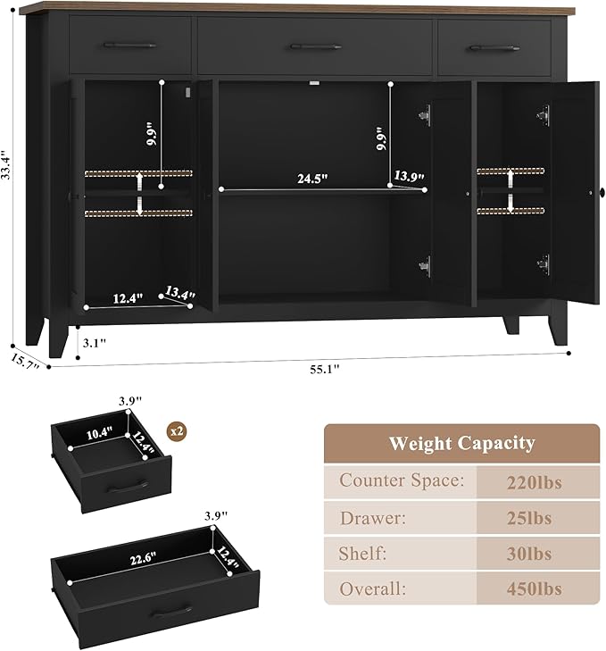 HORSTORS 55" Buffet Cabinet, Modern Farmhouse Sideboard Buffet with Drawers, Large Kitchen Storage Cabinet with Adjustable Shelves, Wood Coffee Bar for Kitchen, Dining Room, Living Room, Black