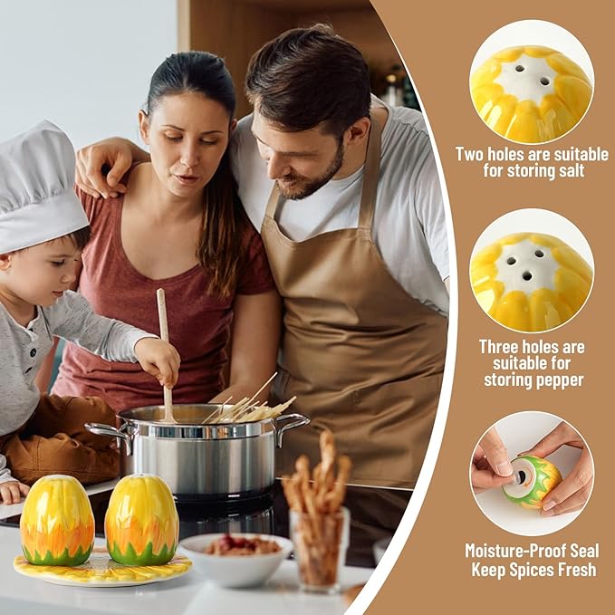Salt and Pepper Shakers Set,Ceramic Cute Salt Pepper Shaker with Tray,Farmhouse Kitchen Gadget Decor, Sunflower Spice Salt Shaker for Home Restaurants, Cooking Table, Camp, BBQ, Refillable