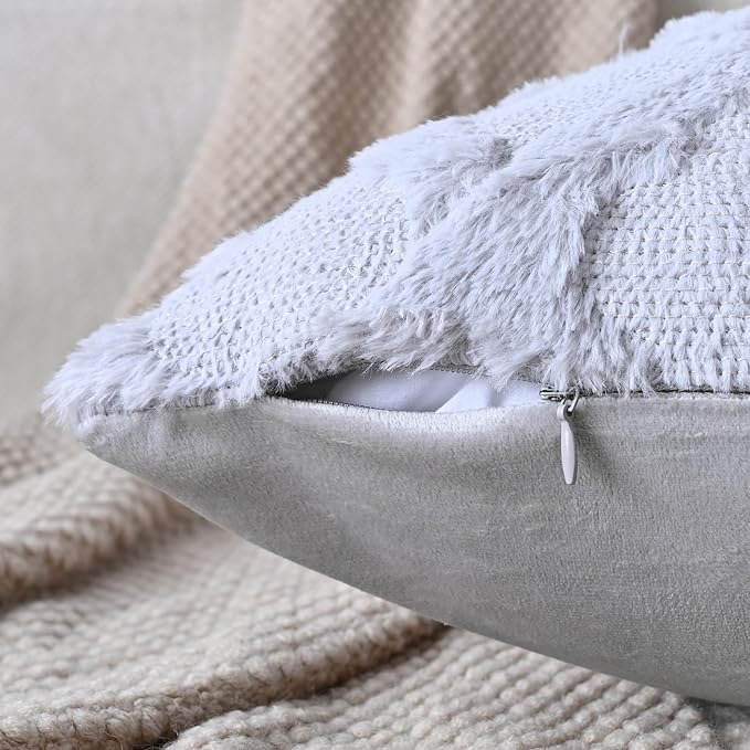 Set of 2 Soft Moroccan Throw Pillow Covers 22x22 Inch Plush Boho Decorative Pillow Cover Accent Cushion Case for Couch Sofa Bed, Grey