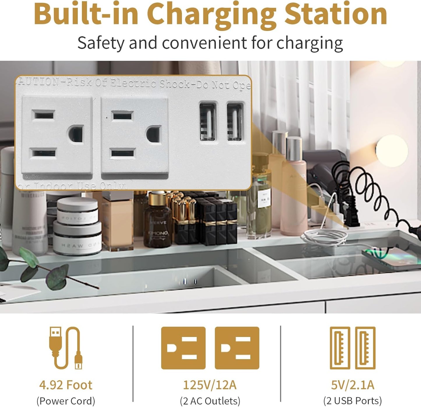 Karl home Vanity Desk with Large Lighted Mirror & Powre Outlet, Glass Tabletop Makeup Vanity Set with 3 Drawers & 2 Cabinet, 45.3" Make up Dressing Table with 12 Lights for Bedroom, White
