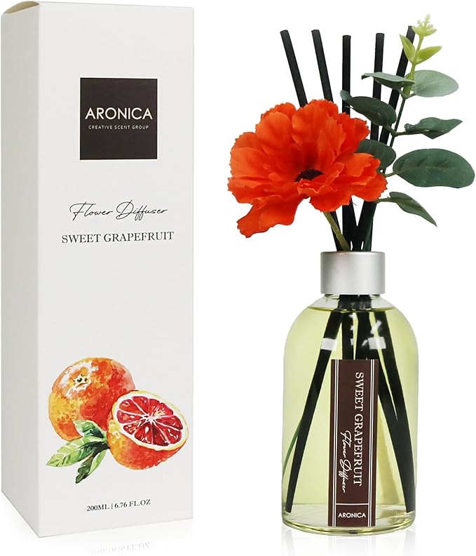 Aronica Grapefruit Reed Diffuser, Room Scent Diffuser with Red Flower, Difusor De Varillas, Aesthetic Room Decor, Apartment House Bathroom Essentials, Air Fresheners for Home Long Lasting