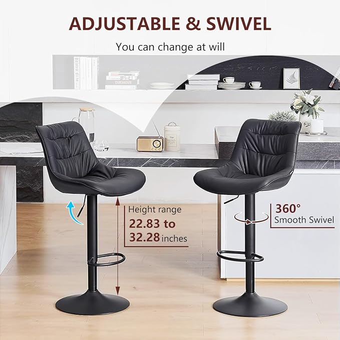 Kidol & Shellder Bar Stools Set of 2 Adjustable Swivel Black, PU Leather Upholstered with Back, Modern Counter Height Stools for Kitchen Island, Home Bar