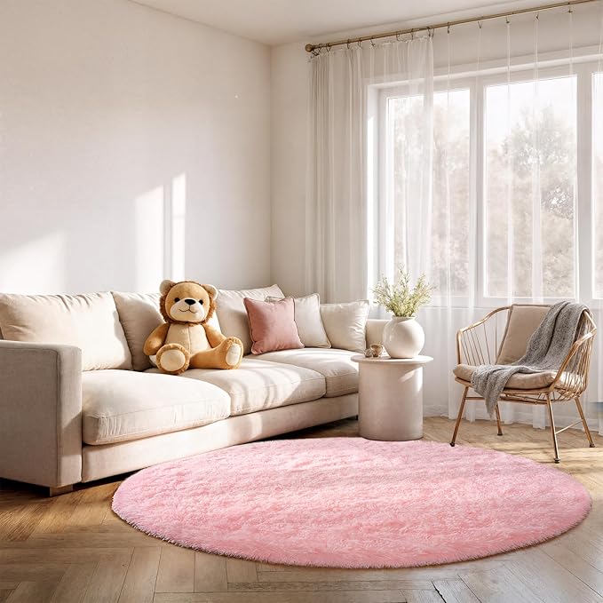 Pink Round Rug for Bedroom, 5Ft Fluffy Circle Area Rugs for Living Room, Shag Fuzzy Carpet for Kids Room, Nursery, Dorm, Classroom, Teen, Cute Baby Play Mat Home Decor Aesthetic